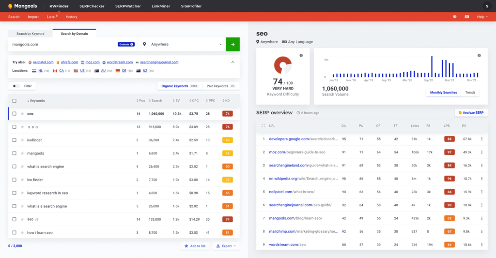 KWFinder-outils SEO positionnement sur Google