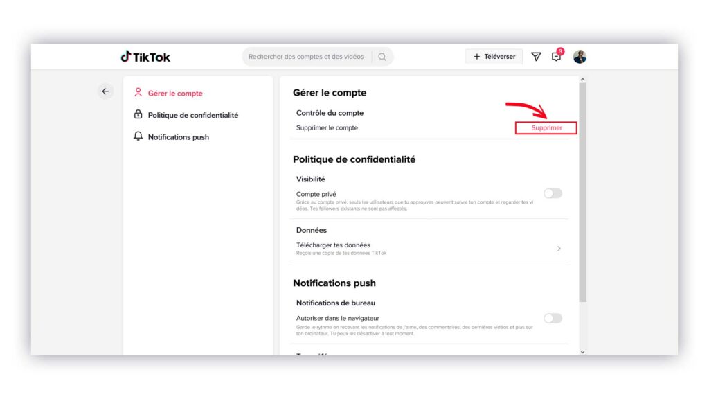 comment supprimer votre compte TikTok sur pc