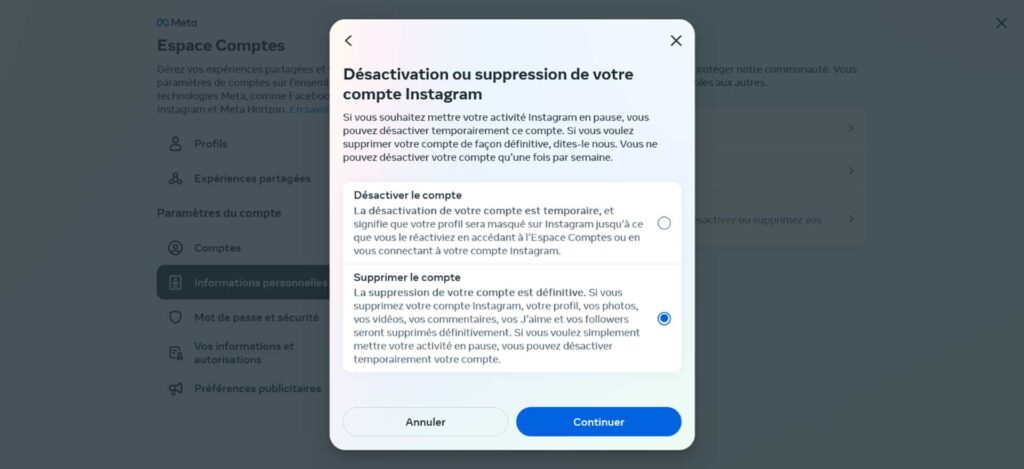 Supprimer désactiver compte Instagram