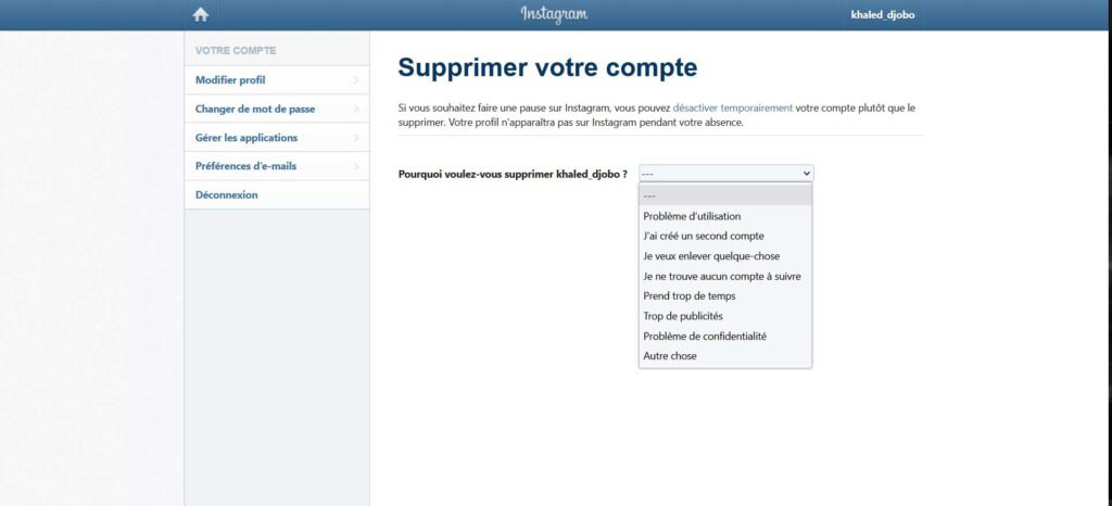Supprimer désactiver compte Instagram