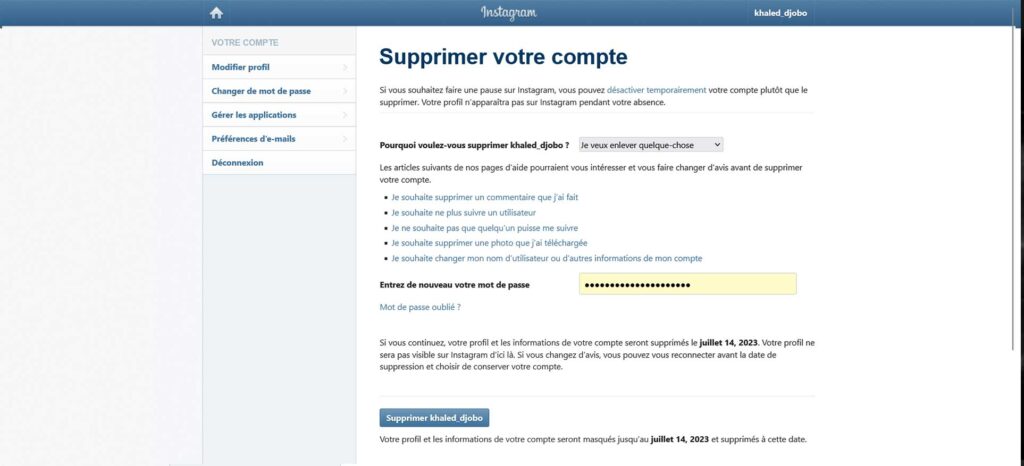 Supprimer désactiver compte Instagram