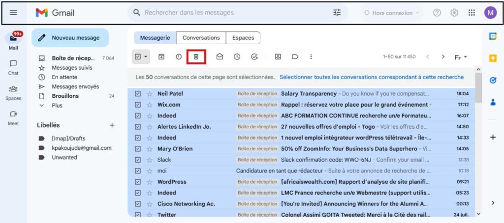 supprimer mails non lus Gmail