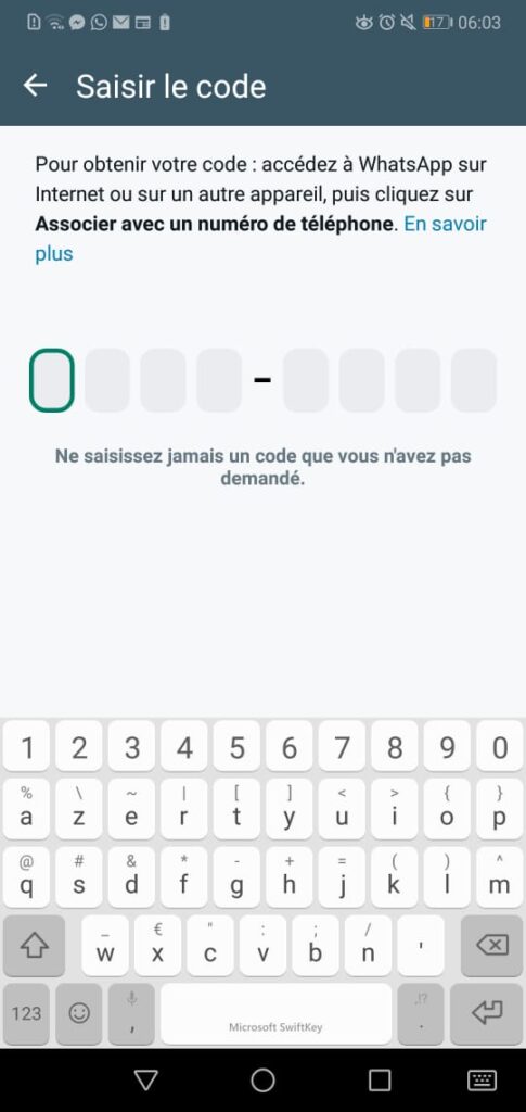 Saisir le code WhatsApp
