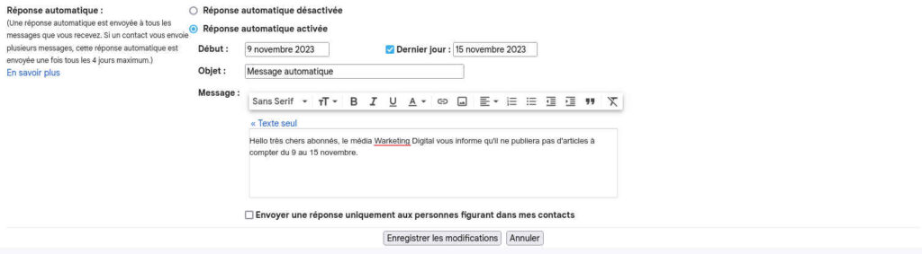 paramétrer message absence Gmail