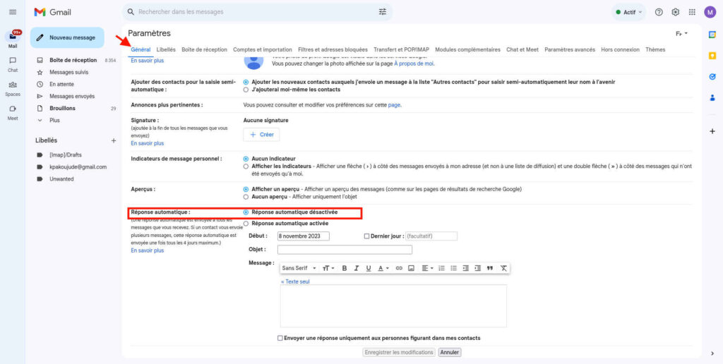 activer une réponse automatique sur Gmail sur votre ordinateur