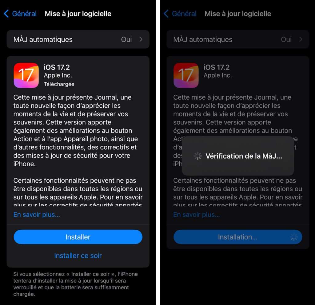 mise à jour pour installer Journal