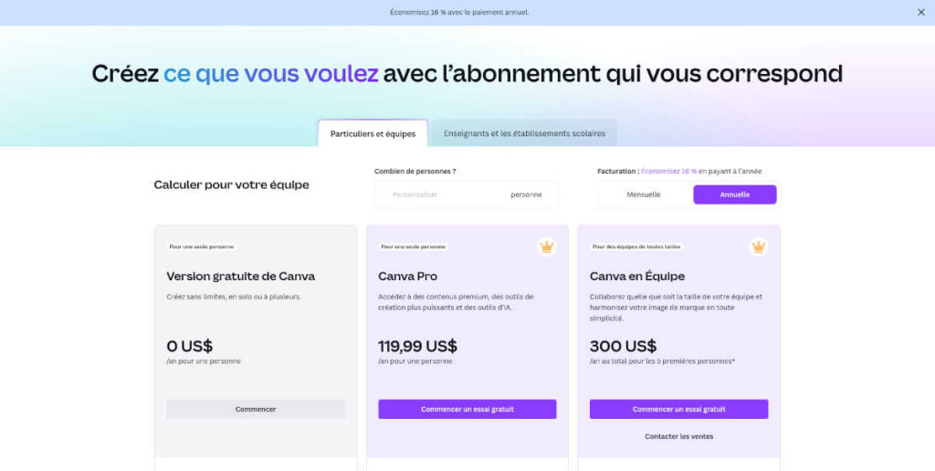 les tarifs de Canva