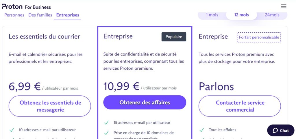 ProtonMail tarif entreprise