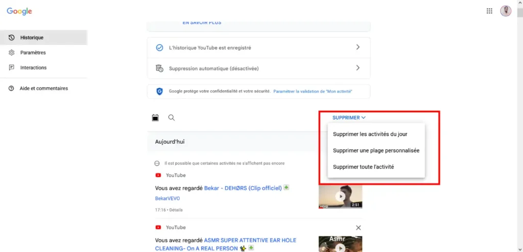 supprimer son historique sur YouTube