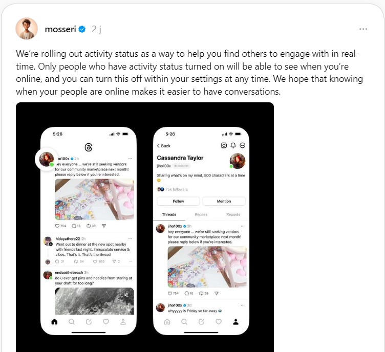 Threads statut d'activité fonctionnalité