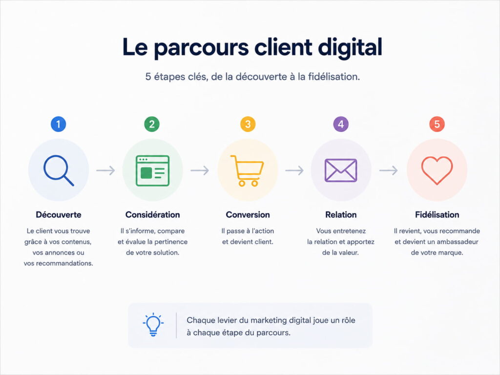 Schéma du parcours client digital illustrant les étapes de découverte, considération, conversion, relation et fidélisation en marketing digital