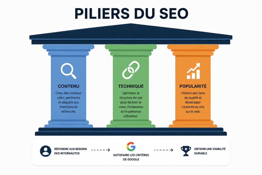 Infographie présentant les trois piliers du référencement naturel SEO : contenu, technique et popularité
